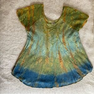 Vtg Advance Apparels Tie Dye Sequin Embroidery Flowy Top Sz L Fairy Whimsy Boho
